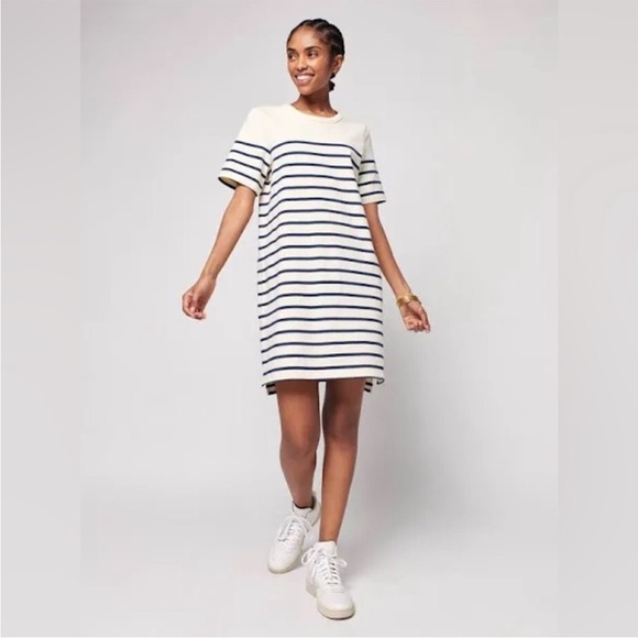 Faherty Cayman Striped Drop Shoulder T Shirt Dress Size Large Cotton Cream/Navy - Picture 4 of 16